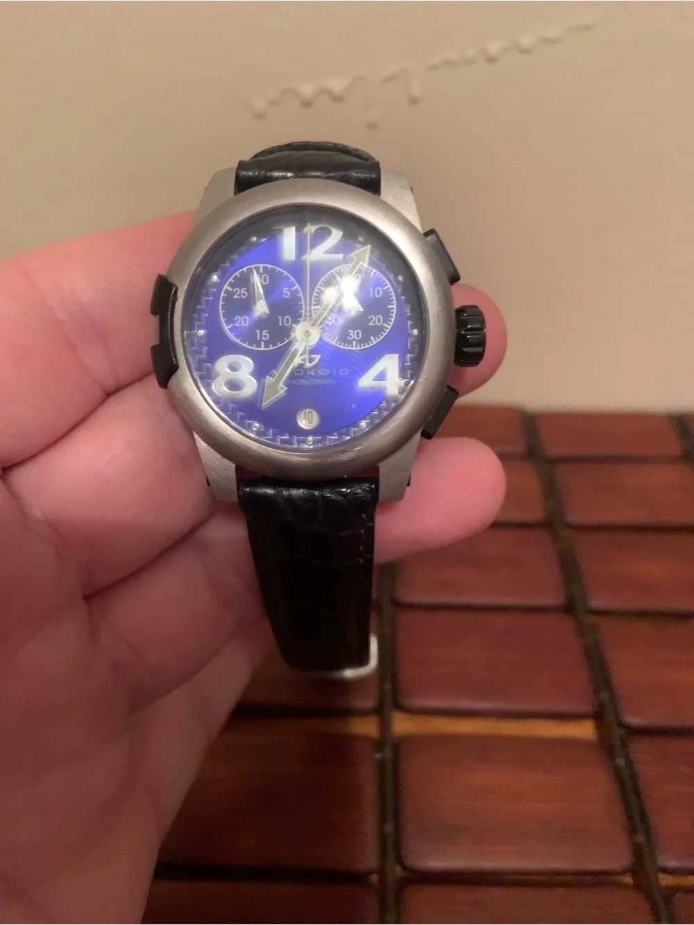 ANDROID Men’s Black Leather Strap Chronograph Watch with Blue Purple Dial